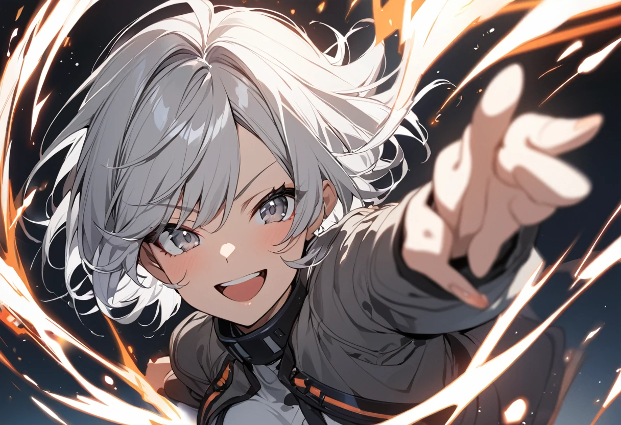 anime, one girl, gray eyes, top quality, white hair, short cut, full of energy, smile