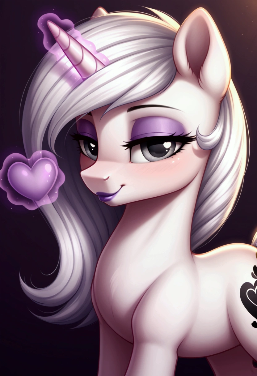 My little pony, (Pony), ((erotic role play outfits)), (black stripe on the half-hair), white hair, (pale white body), gray eyes, medium breasts, purple lips, perfect lines, heart cutie mark