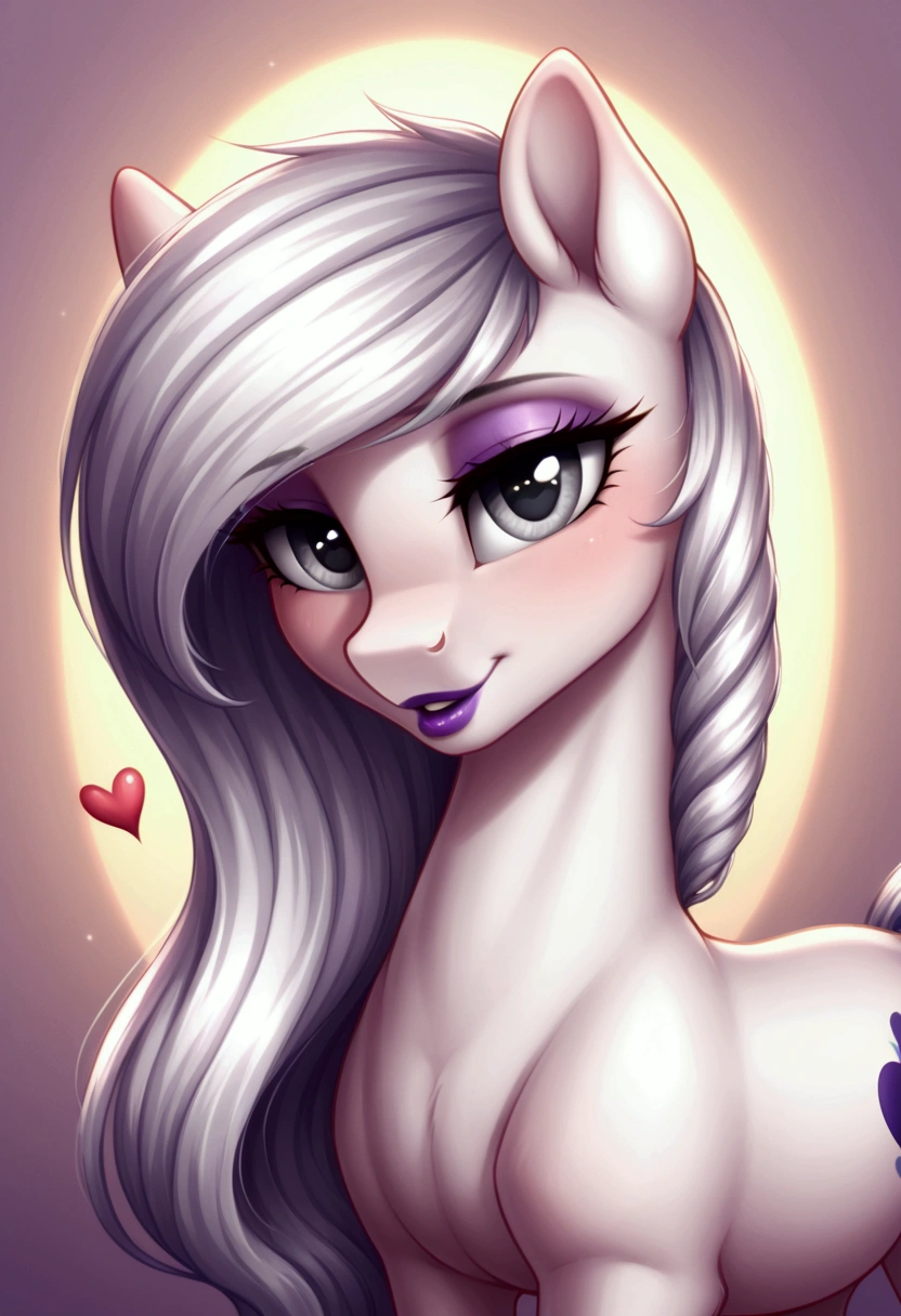 My little pony, (Pony), ((erotic role play outfits)), (black stripe on the half-hair), white hair, (pale white body), gray eyes, medium breasts, purple lips, perfect lines, heart cutie mark
