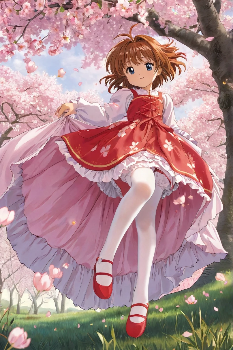 10 year old girl underwear, Sakura Kinomoto、Realistic bloomers made from patterned cotton fabric, Medieval one-piece dress with panniers, Fabric Realism, Low - Angle, I see bloomers, Pull up the dress by hand, Strong winds, Translucent slip, Translucent slip, tights, Highest quality,  whole body