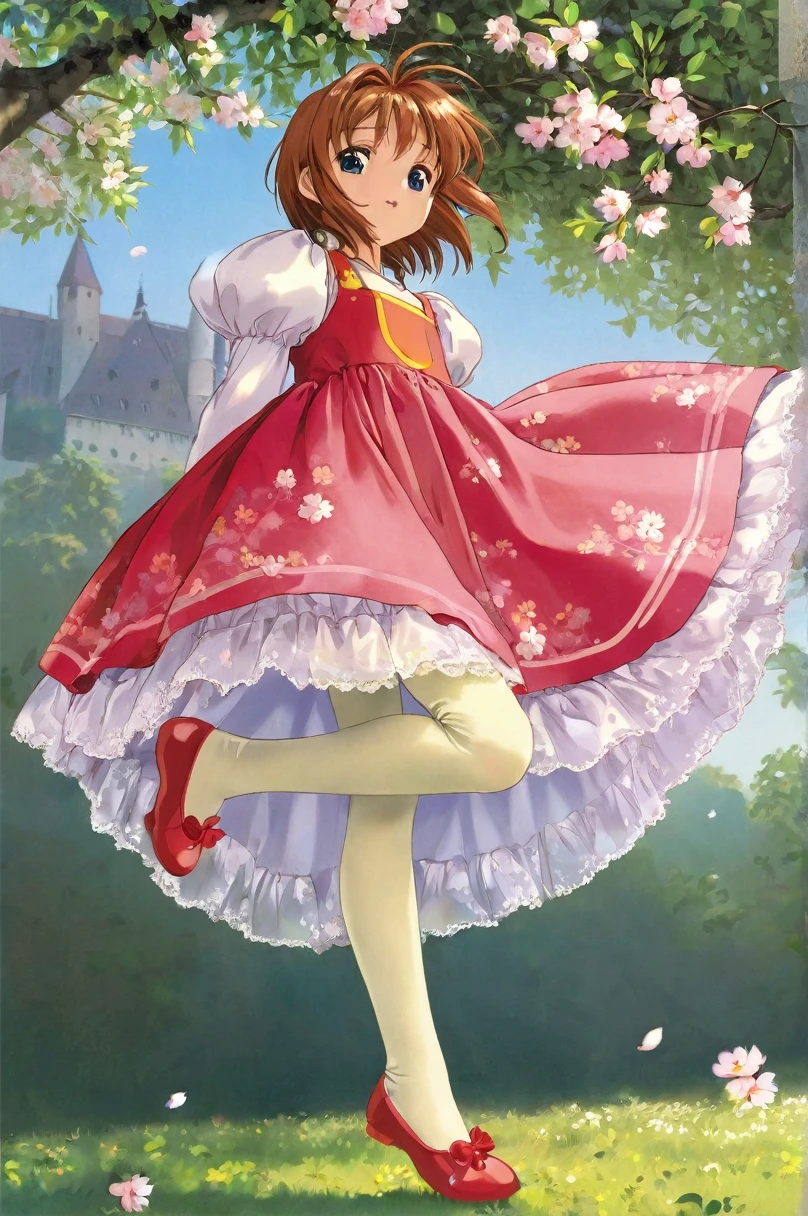 10 year old girl underwear, Sakura Kinomoto、Realistic bloomers made from patterned cotton fabric, Medieval one-piece dress with panniers, Fabric Realism, Low - Angle, I see bloomers, Pull up the dress by hand, Strong winds, Translucent slip, Translucent slip, tights, Highest quality, whole body