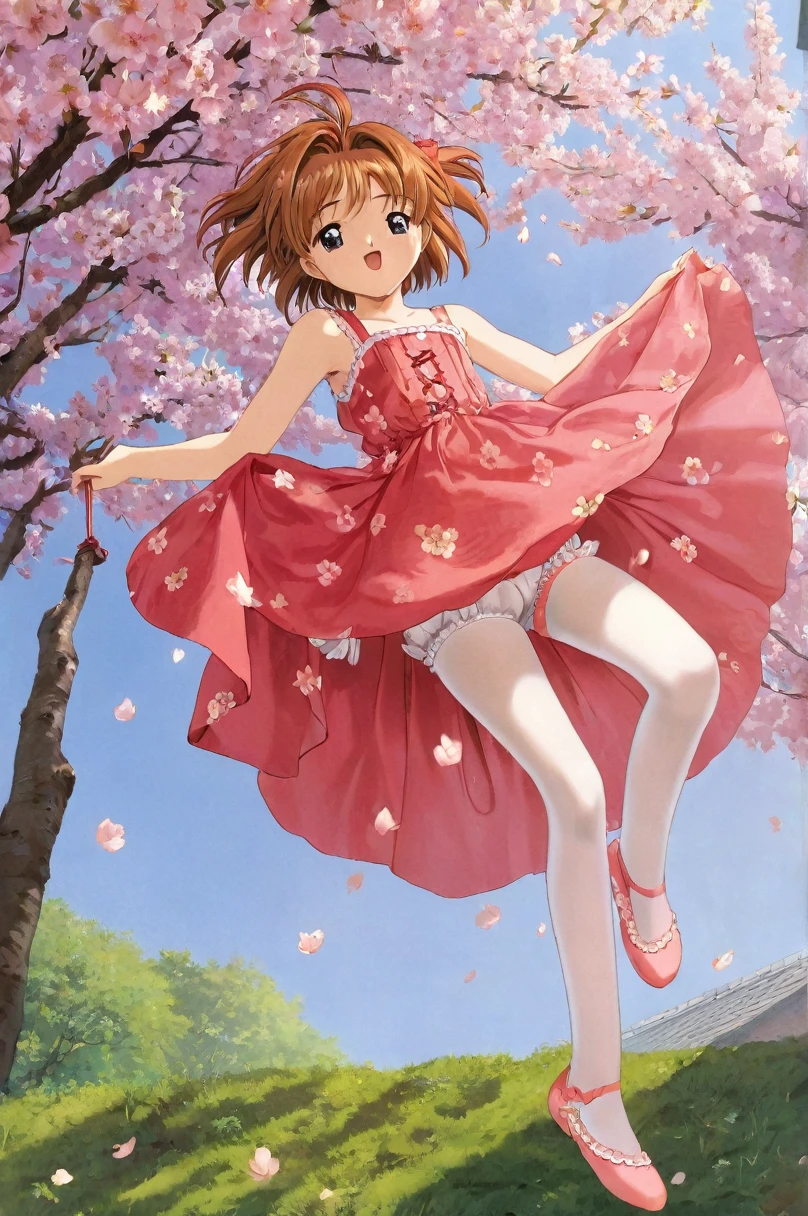 girl underwear, Sakura Kinomoto、Realistic bloomers made from patterned cotton fabric, Medieval one-piece dress with panniers, Fabric Realism, Low - Angle, I see bloomers, Pull up the dress by hand, Strong winds, Translucent slip, Translucent slip, tights, Highest quality, whole body