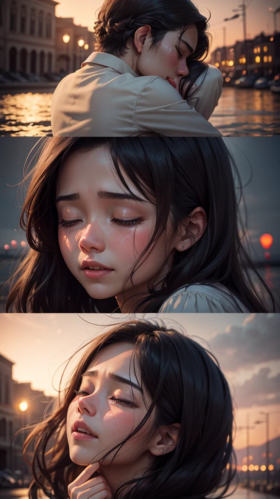 A cute couple hugged lovely. They are crying. A romantic cinematic environment. 