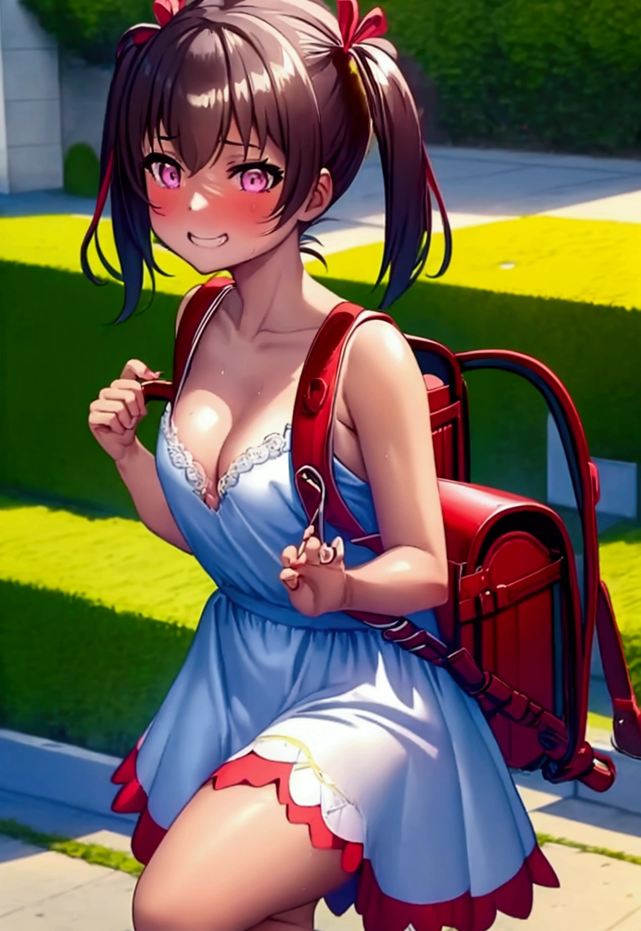 masterpiece, Highest quality, Nico_Yazawa,High resolution, 1 girl, alone, Brown Hair, short hair, Twin tails、Purple eyes, Cowboy Shot, Frill dress, , Pink Dress, (Cleavage)、(Beautiful thighs)、city, Outdoor, garden, Carrying a red backpack, (randoseru backpack:1.2) Sweaty、Thick thighs、Highest quality、4K、One girl, 8-year-old, , cute, Grin, 、Skirt flip striped underwear、In the city、Many passersby are surrounding the girl..、、Thick thighegumi Smiley masturbates while surrounded by girls、Semen from the penis、Bukkake、Bukkake、（Bukkake）