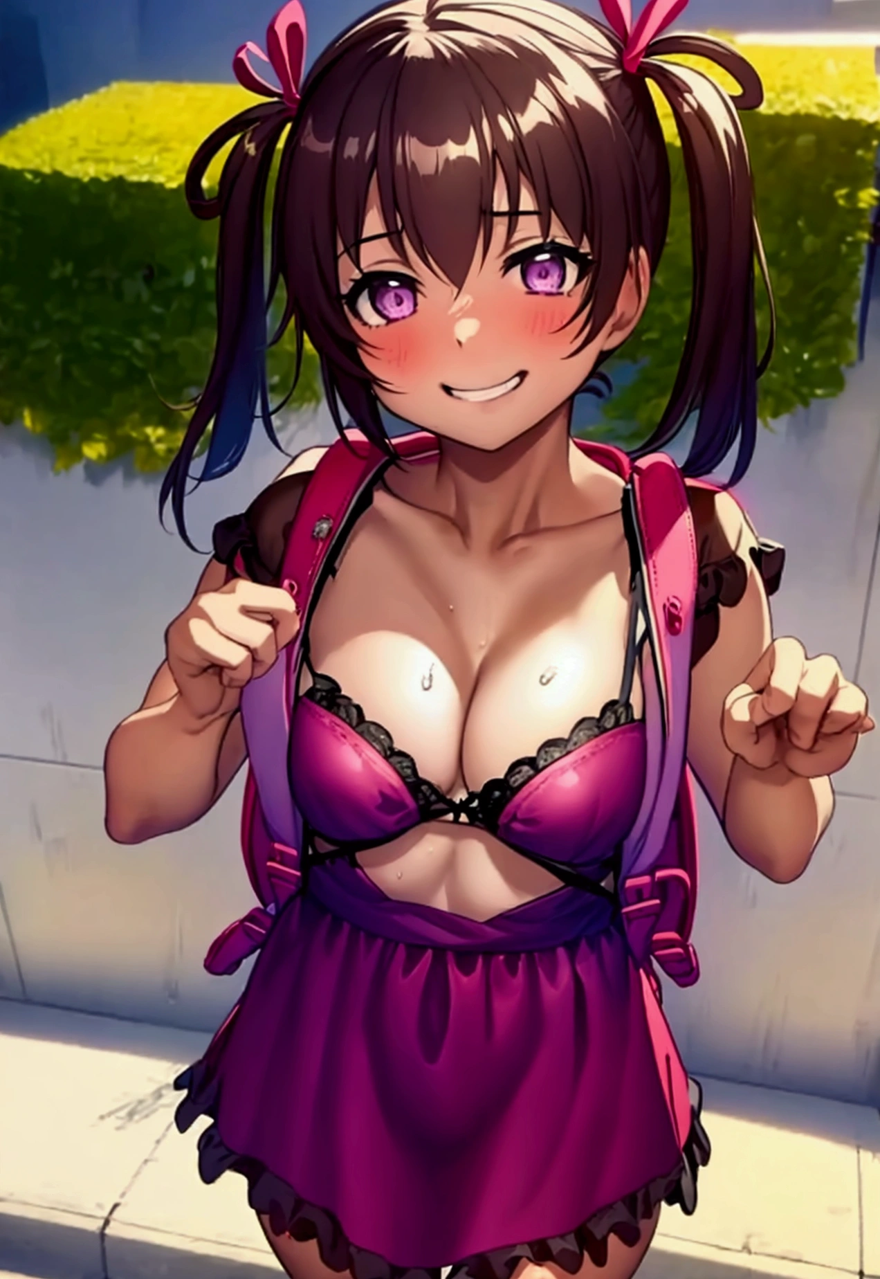 masterpiece, Highest quality, Nico_Yazawa,High resolution, 1 girl, alone, Brown Hair, short hair, Twin tails、Purple eyes, Cowboy Shot, Frill dress, , Pink Dress, (Cleavage)、(Beautiful thighs)、city, Outdoor, garden, Carrying a red backpack, (randoseru backpack:1.2) Sweaty、Thick thighs、Highest quality、4K、One girl, 8-year-old, , cute, Grin, 、Skirt flip striped underwear、In the city、Many passersby are surrounding the girl..、、Thick thighegumi Smiley masturbates while surrounded by girls、Semen from the penis、Bukkake、Bukkake、（Bukkake）