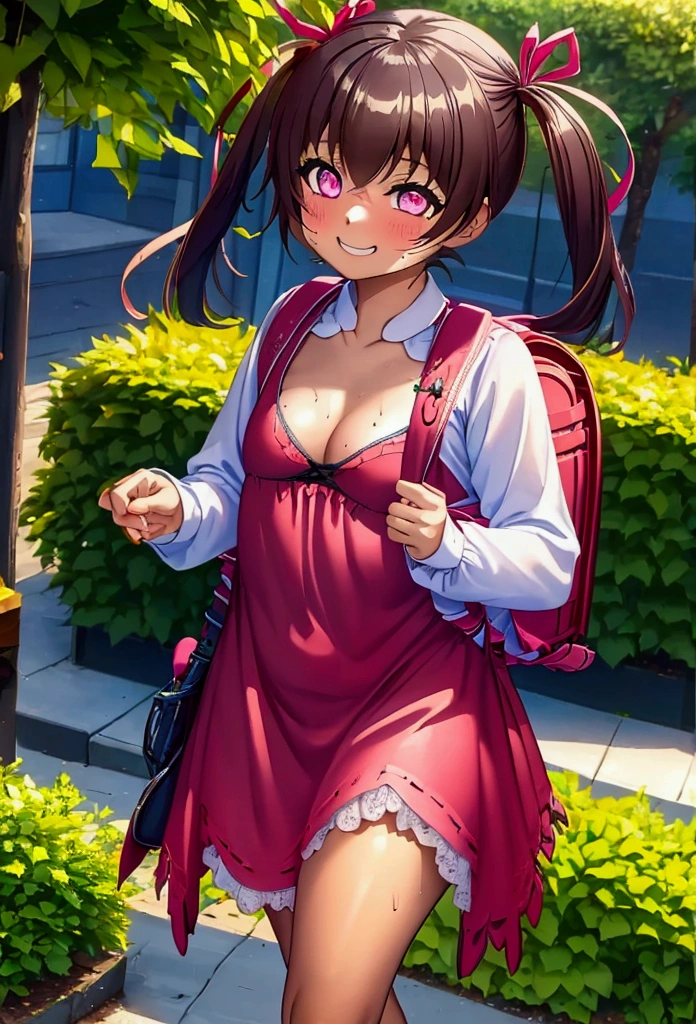 masterpiece, Highest quality, Nico_Yazawa,High resolution, 1 girl, alone, Brown Hair, short hair, Twin tails、Purple eyes, Cowboy Shot, Frill dress, , Pink Dress, (Cleavage)、(Beautiful thighs)、city, Outdoor, garden, Carrying a red backpack, (randoseru backpack:1.2) Sweaty、Thick thighs、Highest quality、4K、One girl, 8-year-old, , cute, Grin, 、Skirt flip striped underwear、In the city、Many passersby are surrounding the girl..、、Thick thighegumi Smiley masturbates while surrounded by girls、Semen from the penis、Bukkake、Bukkake、（Bukkake）