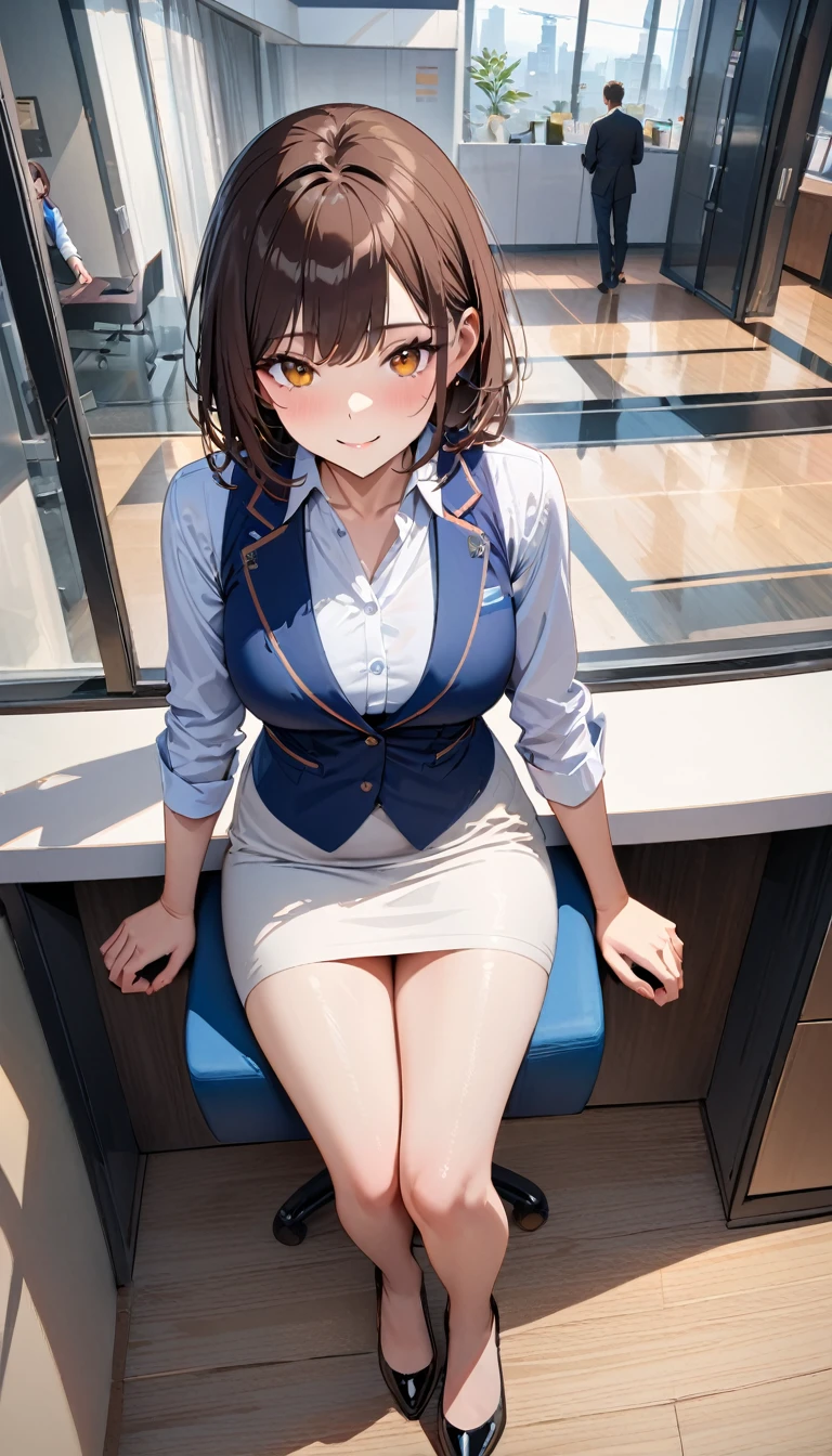 Only one female, Sitting, (look up) (From above), office worker, ((Blue Vest) Over a white dress shirt), Slender,Mature Woman, /(Dark brown hair/), A kind smile, (Masterpiece Top quality:1.2) Delicate illustrations, super detailed, (Modern Office) indoor, (reception), Entrance, Detailed Background , modern, Verism, masterpiece, textured skin, super detail, best quality, 4K