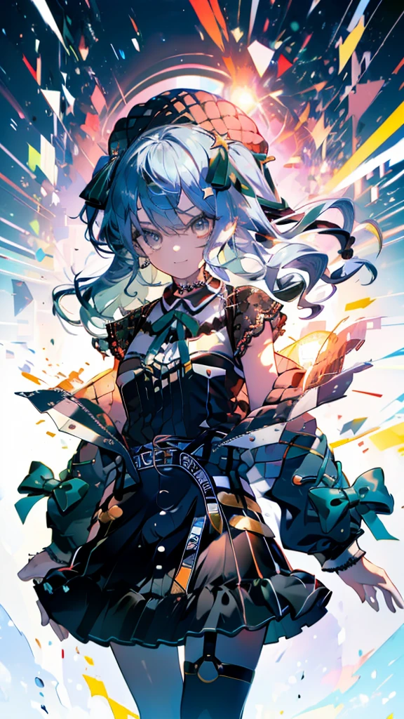 (Ultra-high resolution,masterpiece, Attention to detail, Highest quality), 8k,(sui2, 1girl, 独奏, one side up, Hoshimachi Suisei, orange pantyhose, green ribbon, black skirt, star \(symbol\), off shoulder, blue jacket, jewelry, short sleeves, thigh strap, black shirt, lace choker, miniskirt, neck ribbon, green bow, black choker, belt),(Blessed,Captivating body、Ultra-detailed skin、Super beautiful eyes、Detailed Background),One girl、 (cheerful ,enjoy :1.5),