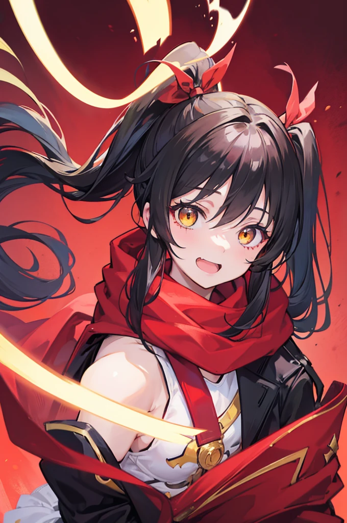 side ponytail, stupid hair, portrait, passionate fool, girl, Laugh loudly and energetically, golden eyes, red cloth scarf, B cup, Black Jacket, hero, courage, long back hair
