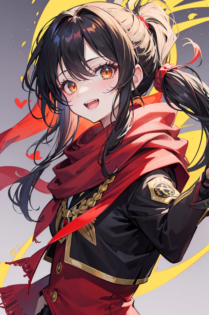 side ponytail, stupid hair, portrait, passionate fool, girl, Laugh loudly and energetically, golden eyes, red cloth scarf, B cup, Black Jacket, hero, courage, long back hair