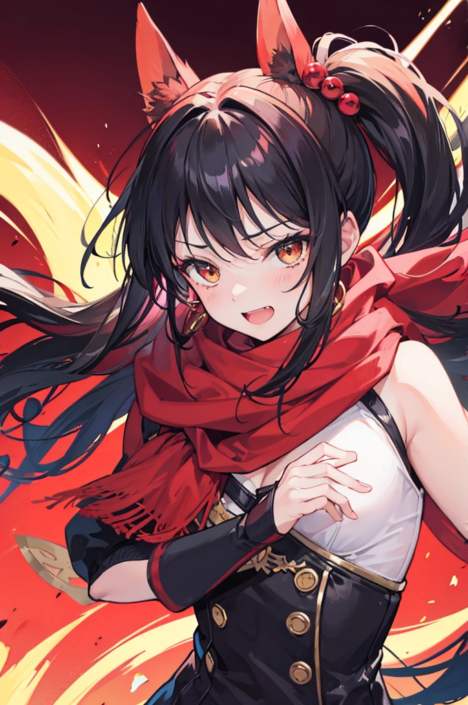 side ponytail, stupid hair, portrait, passionate fool, girl, Laugh loudly and energetically, golden eyes, red cloth scarf, B cup, Black Jacket, hero, courage, long back hair