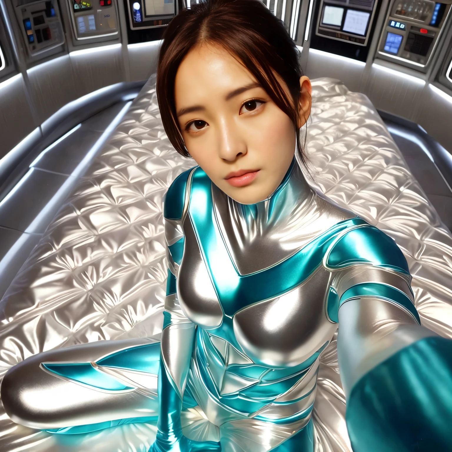 best image quality、Super high resolution、(realism:1.4)、Korean beauty star、The most beautiful KPOP star、horny face、Horny Korean makeup、erotic expression、A body that makes you want to touch it、erotic photos、((Realistic shiny satin fabric texture、High-gloss stretch satin fabric that is smooth and smooth to the touch.、The drape of the curved part of the shiny satin fabric、strong shiny costume、The smooth and beautiful quality and luster of the costumes、A shiny costume made of high-quality satin fabric with high density.、Smooth to the touch oil light liang ultra-class battleship skin coat COS、Super SentaiWomen&HeroineSuit、Texture of costumes that satin fetishists respond to、Thin, glossy stretch satin fabric)),8K photo quality