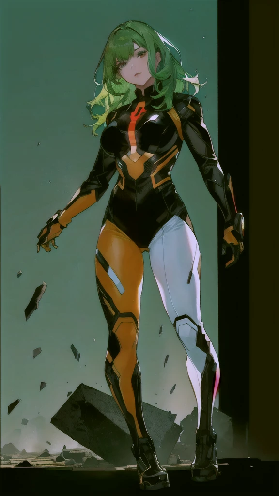 a woman in a bodysuit standing on a pile of debris, full body portrait of jean grey, full body x-force outfit, mixed color suit, green hair, white pale face, bue eyes