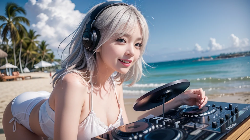 (ultra - detailed, 16K resolution, Cinema lenses, rendering by octane), (high resolution:1.18), intricate detail, (masterpiece:1.1), (highest quality:1.1), (1girl, portrait, white hair, blue eyes, short hair, detailed eyes),Wearing silver DJ headphones, sequined T-shirt, (in the beach:1.5), (Iconic hip-hop pop costumes:1.3), Smile while DJing on stage, DJ studio next to the beach, ((A stylish DJ stage on a hill overlooking the beach)), full body shot, Photorealistic photography by Sunshine, (cute round face:1.3), perfect fingers, five fingers, beautiful hands, perfect hands. master peace, cute smile, Fixhand.