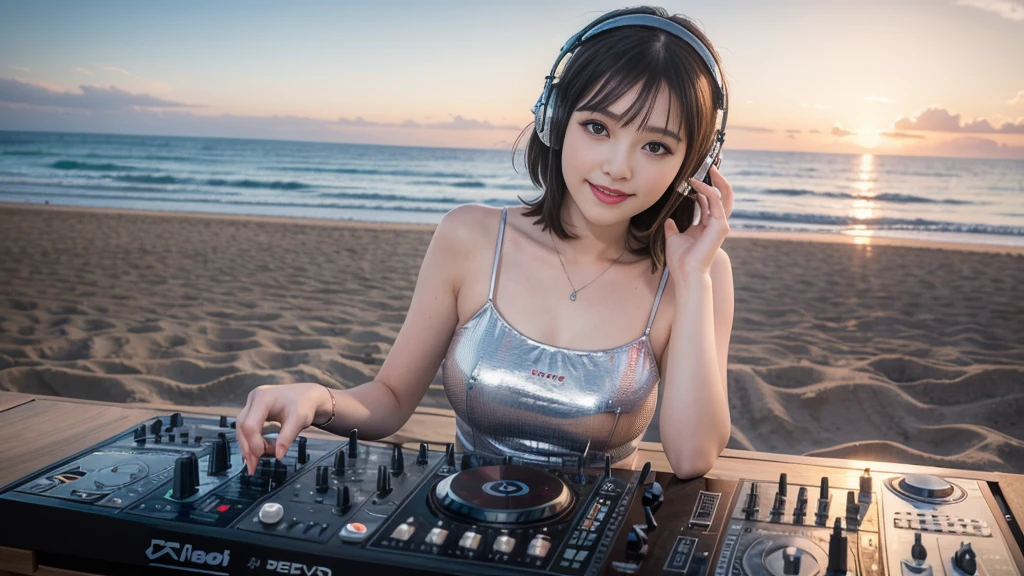 (ultra - detailed, 16K resolution, Cinema lenses, rendering by octane), (high resolution:1.18), intricate detail, (masterpiece:1.1), (highest quality:1.1), (1girl, portrait, white hair, blue eyes, short hair, detailed eyes),Wearing silver DJ headphones, sequined T-shirt, (in the beach:1.5), (Iconic hip-hop pop costumes:1.3), Smile while DJing on stage, DJ studio next to the beach, ((A stylish DJ stage on a hill overlooking the beach)), full body shot, Photorealistic photography by Sunshine, (cute round face:1.3), perfect fingers, five fingers, beautiful hands, perfect hands. master peace, cute smile, Fixhand.