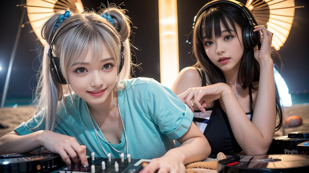 (ultra - detailed, 16K resolution, Cinema lenses, rendering by octane), (high resolution:1.18), intricate detail, (masterpiece:1.1), (highest quality:1.1), (1girl, portrait, white hair, blue eyes, short hair, detailed eyes),Wearing silver DJ headphones, sequined T-shirt, (in the beach:1.5), (Iconic hip-hop pop costumes:1.3), Smile while DJing on stage, DJ studio next to the beach, ((A stylish DJ stage on a hill overlooking the beach)), full body shot, Photorealistic photography by Sunshine, (cute round face:1.3), perfect fingers, five fingers, beautiful hands, perfect hands. master peace, cute smile, Fixhand.
