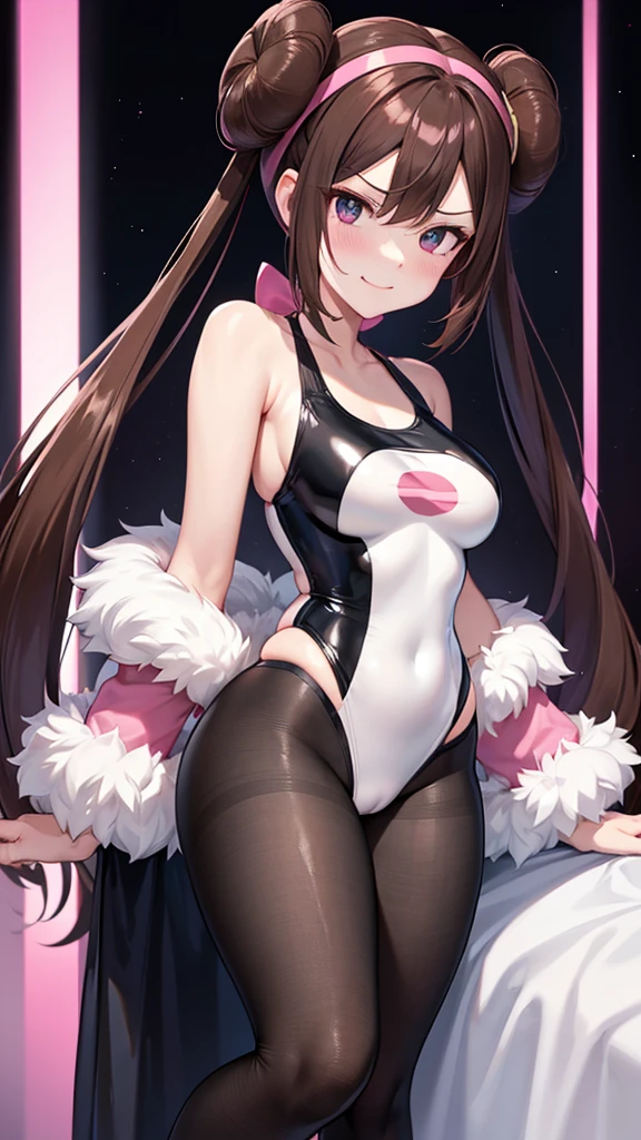 Erotic、tall、Pokemon May「Rose」、Brown hair twin tails bun、No sleeve、Shoulder、Shiny old school swimsuit Amitants Pink line、Evil female executive、sexy、Evil smirk face、tall、adult、lure、Alluring、Pitch black background、Dark bedroom at night