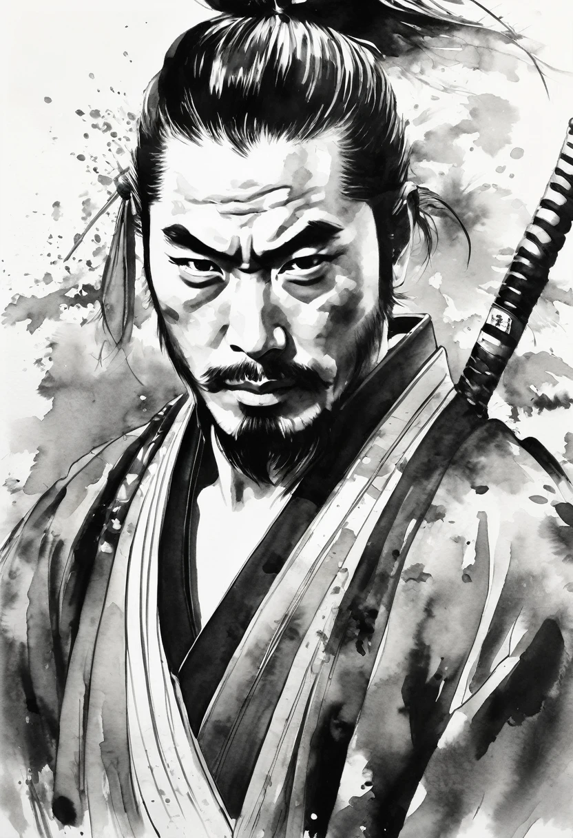 Black and white painting,Ink Painting,splash,Topknot,25 year old Japanese samurai,A ronin-like figure with a dignified expression,kimono,Composition from the front,Uplifting,shortage々Beautifully flowing brush strokes,Contours are not shown、Draw with shades of ink