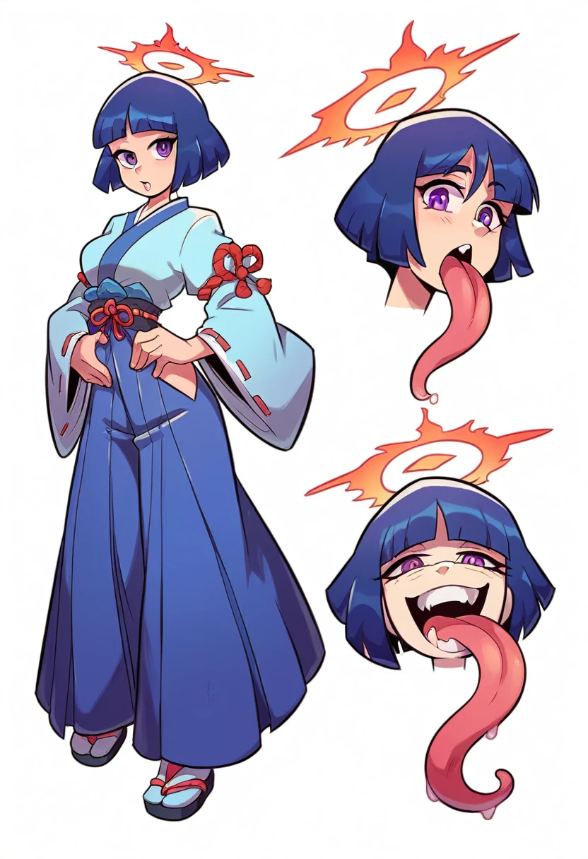 Girl, medium ruffled layered blue hair, purple eyes, open belly, Masterpiece, hiquality, Good detail, sticking out tongue, long tongue, hakama outfit with stomach exposed, half-body shot above waist, fire halo. Expression sheet, fullbody. 