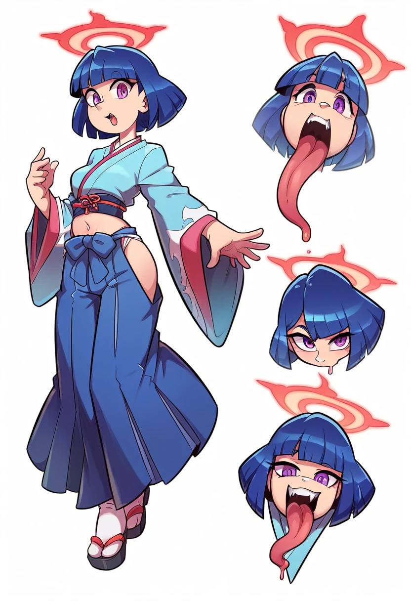 Girl, medium ruffled layered blue hair, purple eyes, open belly, Masterpiece, hiquality, Good detail, sticking out tongue, long tongue, hakama outfit with stomach exposed, half-body shot above waist, fire halo. Expression sheet, fullbody. 