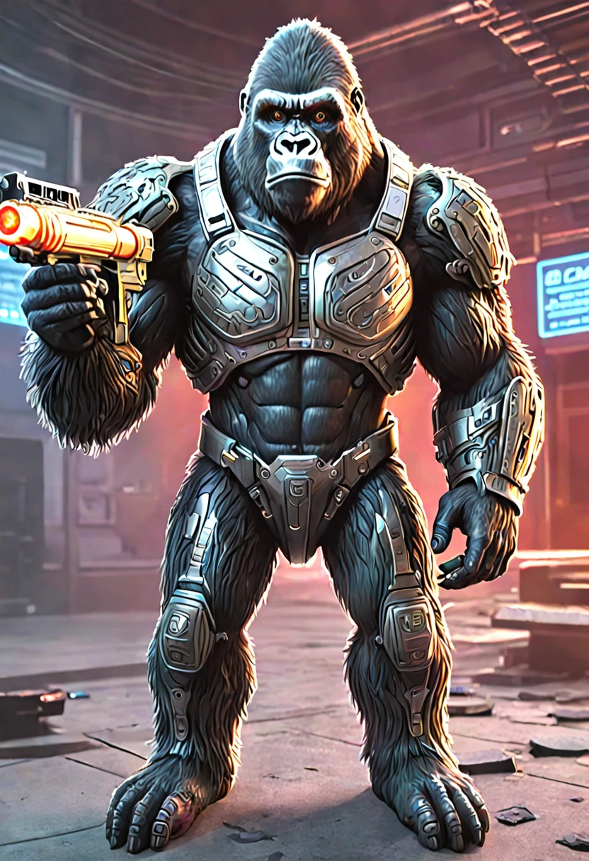 A cyborg Gorilla with a metallic exoskeleton, holding a laser gun. The Gorilla has a scar on its left cheek and a patch over its right eye. The exoskeleton is covered in wires and gears, with a glowing red light emanating from its chest. The Gorilla is standing in a futuristic city, surrounded by flying cars and neon lights. The sky is a deep shade of purple.