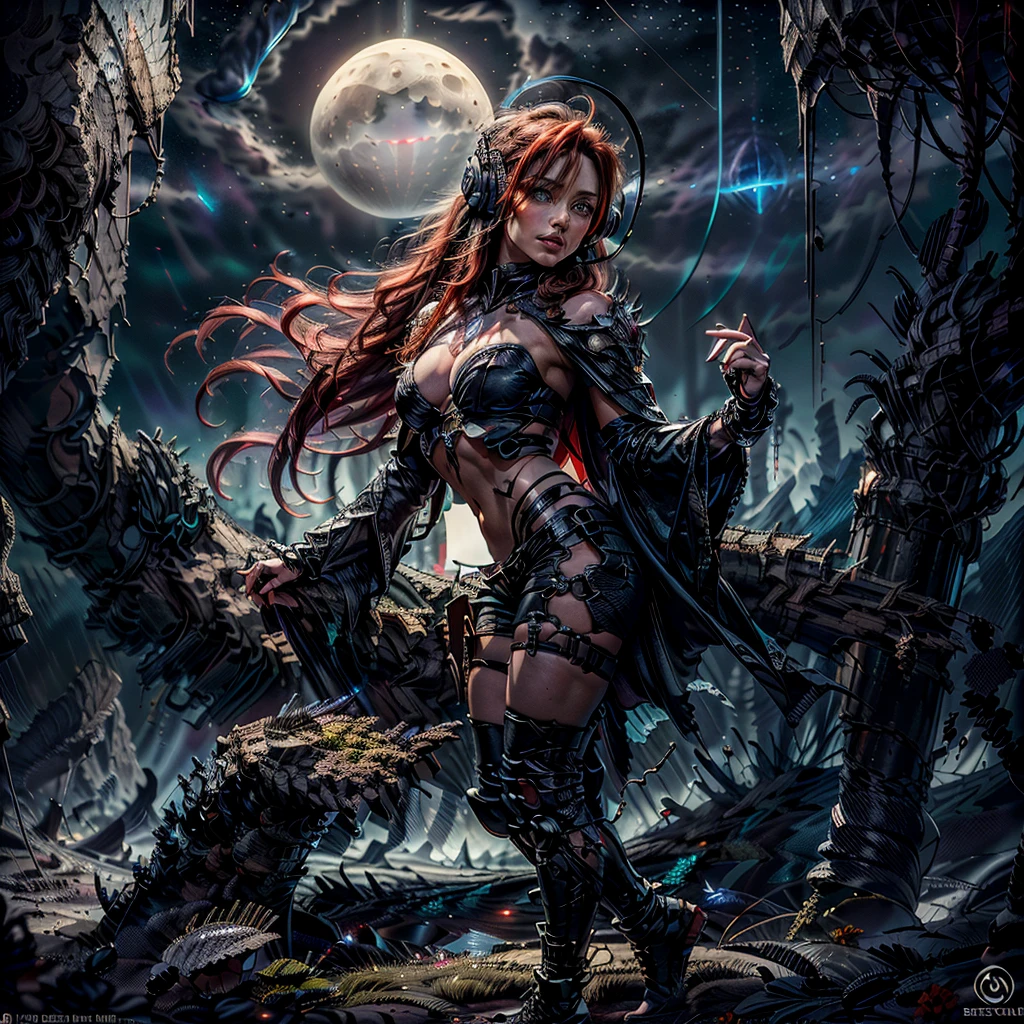 Foreshortened frontal shot of a stunning 30-year-old inspired by Bryce Dallas Howard, her striking features illuminated by starlight. He wears a tight-fitting high-tech cyber combat suit that allows you to admire his toned physique and fits his body like a glove, metallic black combat gloves, technological combat wristbands with display, very long curly and disheveled orange-red hair that falls messily. in ringlets over her breasts, combat headset with microphone, thigh holster with futuristic weapon, physically powerful girl, fit girl, dark green eyes, thick pink lips, round ass and perfect buttocks, narrow waist, normal hips, heavy makeup Very colorful tribal tattoos all over the body, absolute beauty. The girl is wearing a dark blue cape with a torn hood that is blown in the wind, very worn and broken. In the background the image of a mysterious and dark alien planet, which draws the gaze away. of the beholder of the captivating smile of the young beauty. Captivating and mysterious alien otherworldly landscape, with alien ruins and alien vegetation