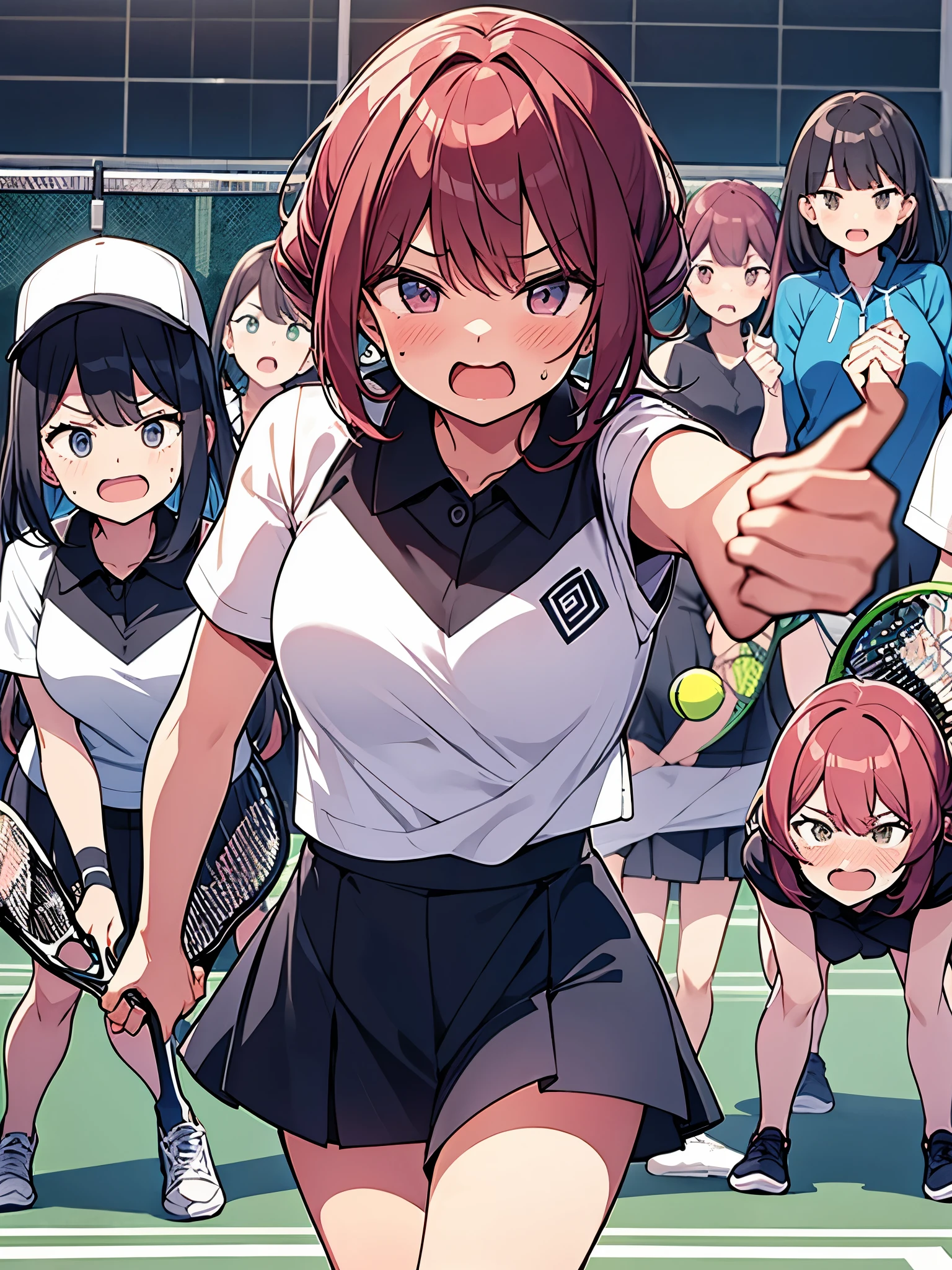 Deformed expression Mob women 10 people College students Tennis club Angry:1.9 Raising eyebrows Screaming Pointing at the viewer:1.9 Clenched Fist Tennis Wear