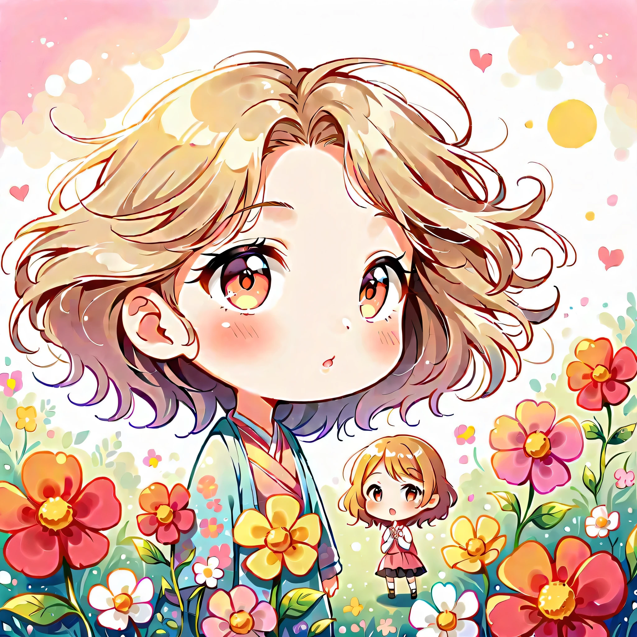 Momoko Sakura style, The most beautiful girl of all time,chibi, Lips in Love, colorful flowers, Simple Line Initialism,Abstract art,Urban Background