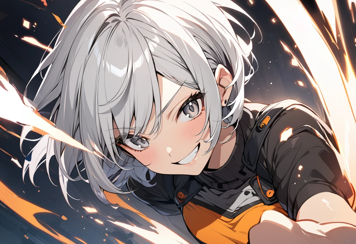 anime, one girl, gray eyes, top quality, white hair, short cut, full of energy, smile