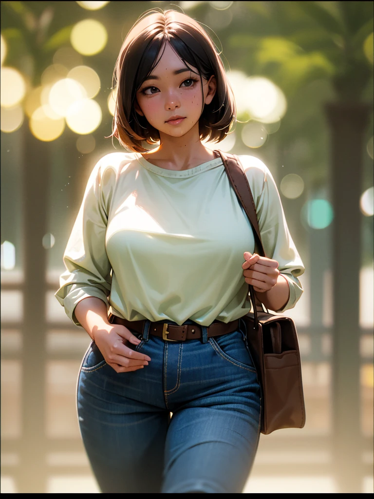 (Sumilux f1.4 50mm , low Latitude old color negative film , cross process , bokeh, flare, chromatic aberration , soft focus, (Shallow focus) , soft glow , Maximum aperture, High Key , Transparent depiction) , clothed erotica , Satyr woman, butter face, saggy melons , sloppy T-shirt , Jeans , (cross-body bag),cross body