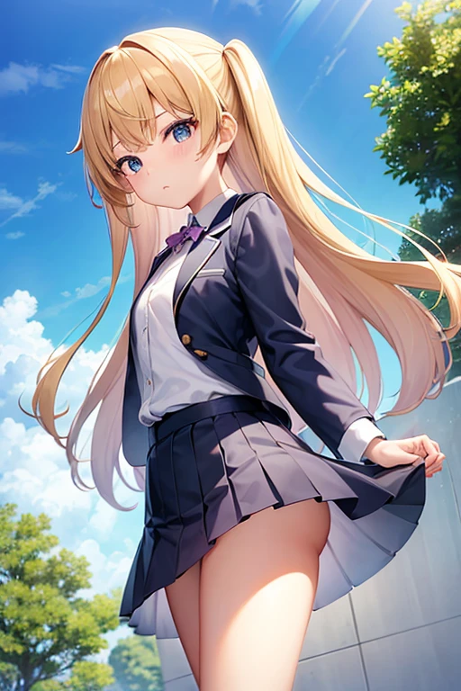10 year old girl、uniform、Blonde、Standing with your legs apart、Confident々Expression、Background is blue sky