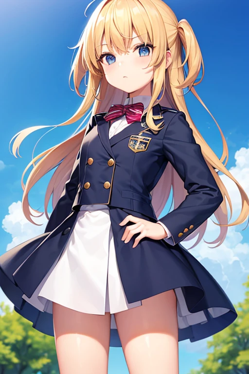10 year old girl、uniform、Blonde、Standing with your legs apart、Confident々Expression、Background is blue sky