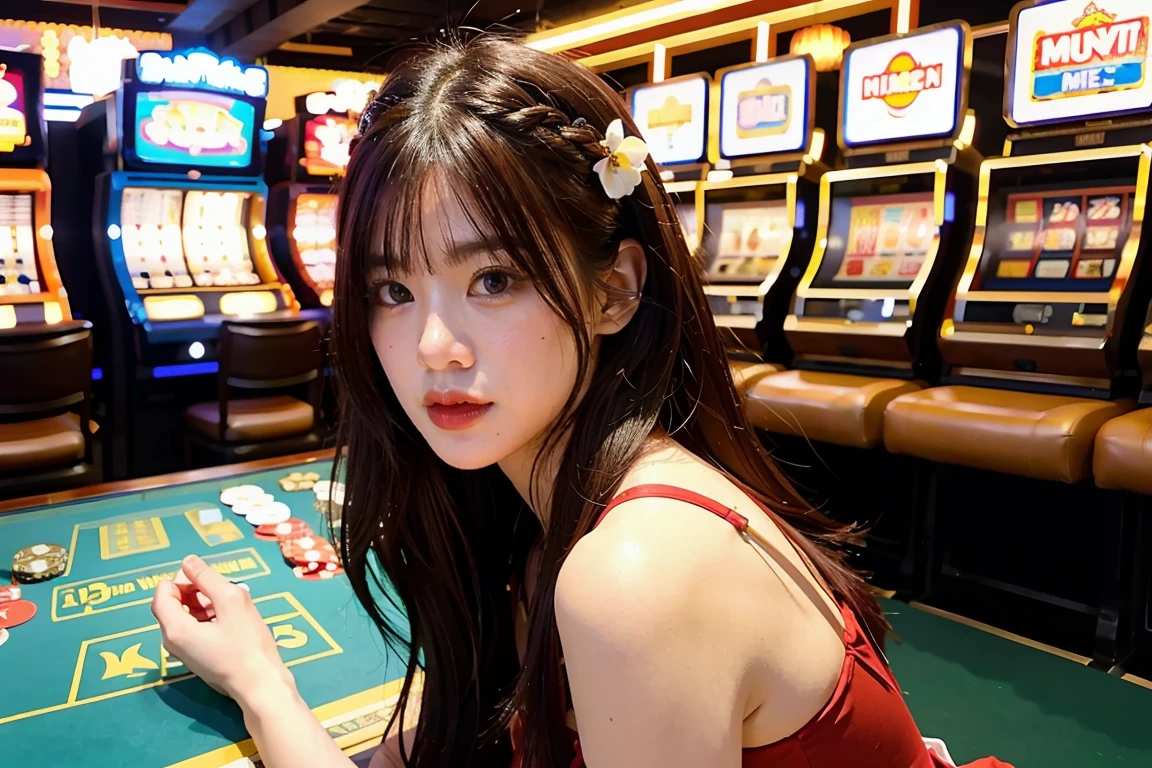 hyper realistic lifelike texture dramatic lighting unrealengine trending on artstation,award-winning images,Nikon RAW images,8 g,Fujifilm XT3,Masterpiece, best quality, realistic, photorealistic,Very detailed,ใบหน้าที่มีรายVery detailed,
alone,1 girl,Wear a corset.(random background,In casinos,VIP casino room, Modern Casino Console, Modern Slot Machines ), Irene 1, ,