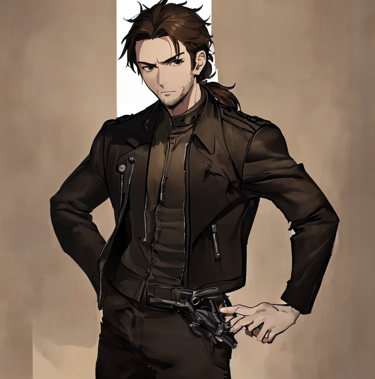 ((Highest quality)), ((masterpiece)), (detailed), ((One mature male))、(mature male)、(35-year-old male)、((A photo showing your thighs to the top of your head))、(Standing straight, facing the camera)、Brown Hair、Iris、low ponytail、(Glaring at the camera)、black biker jacket