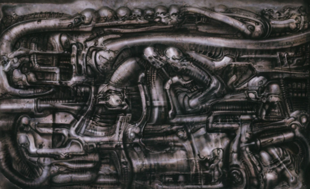 The image is a detailed view of H.R. Giger's biomechanical tableau \" Landscape XVI \" plate, featuring.
(airbrush painting, Giger's alien in front of broken alien ship in landscape, natural light, sharp focus, illustration, highly detailed, digital painting, concept art, matte, art by gric and kozhanov and moebius and Alphonse Mucha, masterpiece, HDR ,UHD , uplight, in HRGigerArhP style);1.
surrealistic painting of a monster with multiple tentacles and a body that looks like a brain, surrounded by a chaotic scene of swirling clouds and other monsters
It's a complex network of bones and organs in eldritch color scheme:a greenish-brown hue ,swirling gery and brown colors. The artwork is silverish and green brown, with an ivory bones prominently displayed. The image is highly detailed and intricate, almost like a 3d version of a medical sketchwork.
The piece is a tableau, most likely created with a India ink pen or pencil on paper, determined by the thin lines, shading techniques, and the texture of the paper, which is visible around the edges.
Used is pen, given the shading and variations in line weight visible in the image. Artist have used a variety of stylus with different degrees of hardness to achieve the shading effects.
The use of undersaturated green-grays dark contrasts creates a stark and graphic look. Is used a variety of linework techniques to create different textures. Fine, parallel lines create a smooth, metallic texture,while thicker, more cursive lines suggest cables or wires.
Light source from the top highlights skeletals, pper part of foreground, lower part of image is in shadowupper part of foreground, lower part of image is in shadow.
The art performance showcases the artist’s skills in observation and rendering. The level of detail in the piece suggests a close study of real bone specimens and mechanics. The artist has skillfully used shading techniques to create a convincing illusion of three-dimensionality on a flat surface. The wrinkles