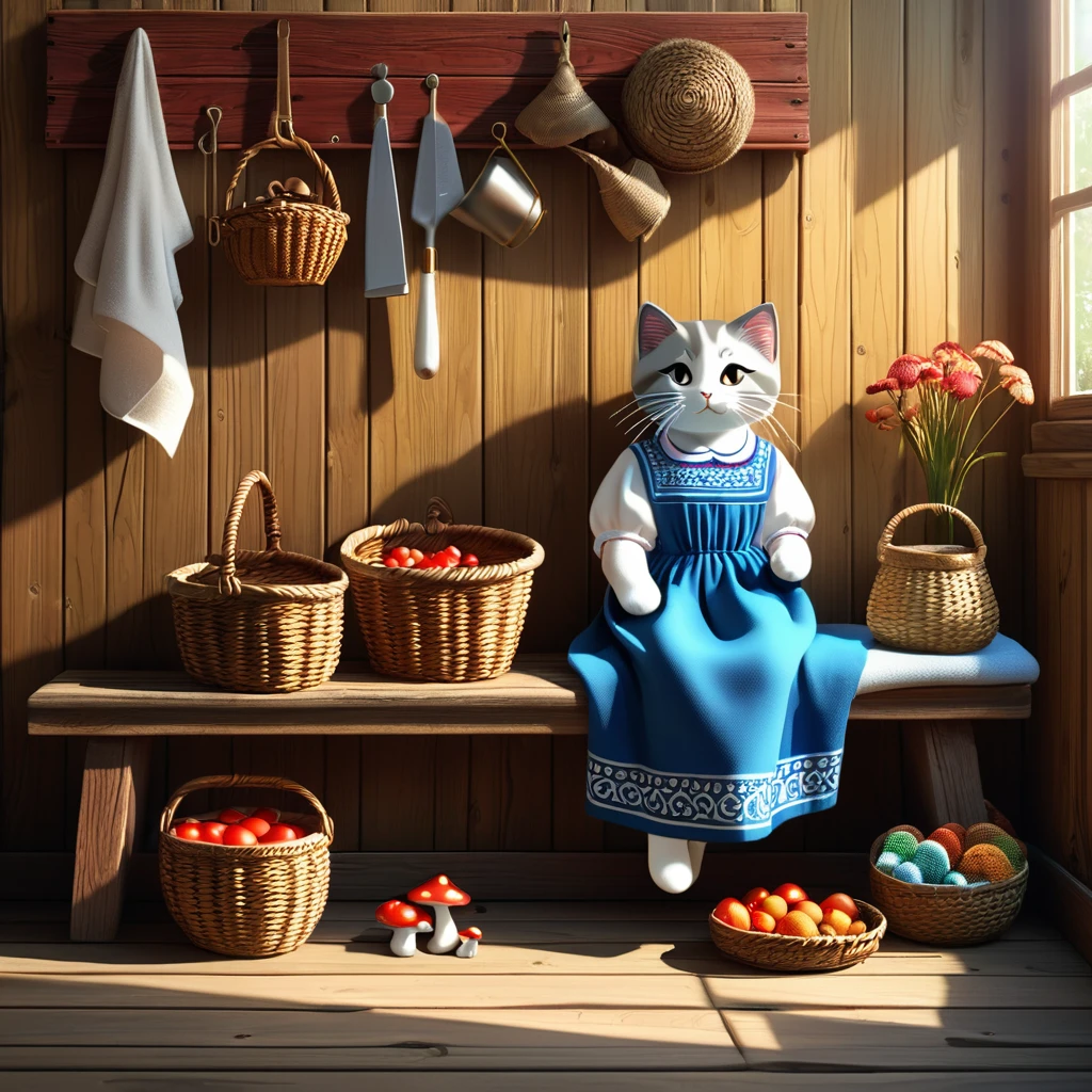  with russet braid knitting socks, sitting on a wooden bench, wearing a russian sundress, a kitty sitting next to her, a basket with mushrooms, two wooden buckets with water on the floor, in the background a hanger on a wooden wall, on the hanger hangs a towel with russian ornaments, next to the rack on the wall there is a shelf with dishes with Russian ornaments, masterpiece, best quality, (extremely detailed CG unity 8k wallpaper), (best quality), (best illustration), (best shadow), realistic lighting, beautiful detailed glow, in the style of lubok painting
