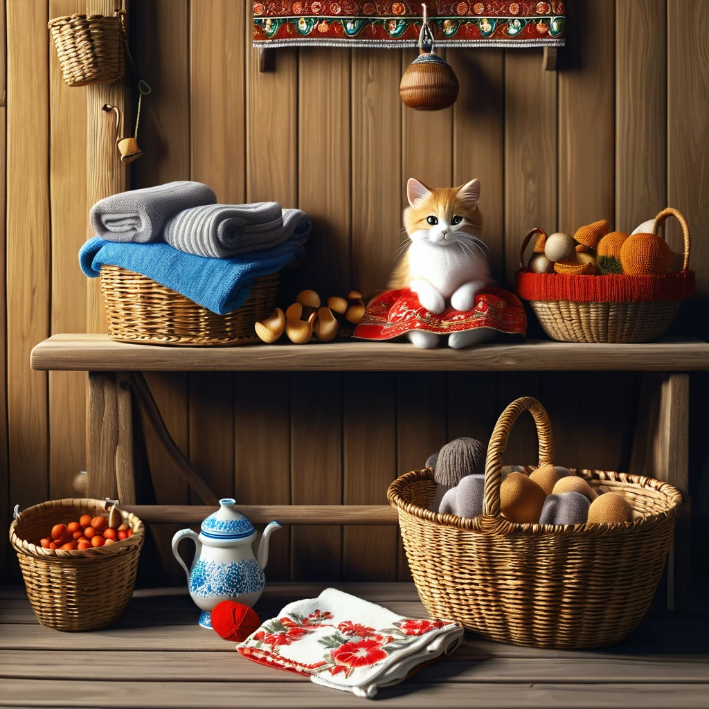 with russet braid knitting socks, sitting on a wooden bench, wearing a russian sundress, a kitty sitting next to her, a basket with mushrooms, two wooden buckets with water on the floor, in the background a hanger on a wooden wall, on the hanger hangs a towel with russian ornaments, next to the rack on the wall there is a shelf with dishes with Russian ornaments, masterpiece, best quality, (extremely detailed CG unity 8k wallpaper), (best quality), (best illustration), (best shadow), realistic lighting, beautiful detailed glow, in the style of lubok painting