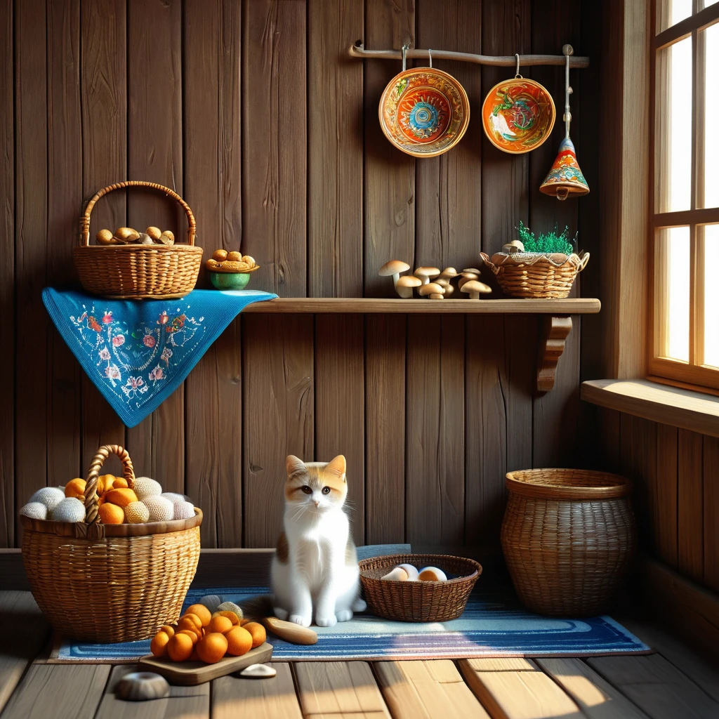 with russet braid knitting socks, sitting on a wooden bench, wearing a russian sundress, a kitty sitting next to her, a basket with mushrooms, two wooden buckets with water on the floor, in the background a hanger on a wooden wall, on the hanger hangs a towel with russian ornaments, next to the rack on the wall there is a shelf with dishes with Russian ornaments, masterpiece, best quality, (extremely detailed CG unity 8k wallpaper), (best quality), (best illustration), (best shadow), realistic lighting, beautiful detailed glow, in the style of lubok painting