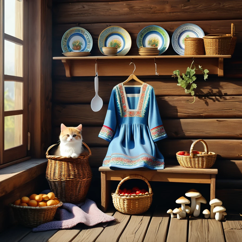 with russet braid knitting socks, sitting on a wooden bench, wearing a russian sundress, a kitty sitting next to her, a basket with mushrooms, two wooden buckets with water on the floor, in the background a hanger on a wooden wall, on the hanger hangs a towel with russian ornaments, next to the rack on the wall there is a shelf with dishes with Russian ornaments, masterpiece, best quality, (extremely detailed CG unity 8k wallpaper), (best quality), (best illustration), (best shadow), realistic lighting, beautiful detailed glow, in the style of lubok painting
