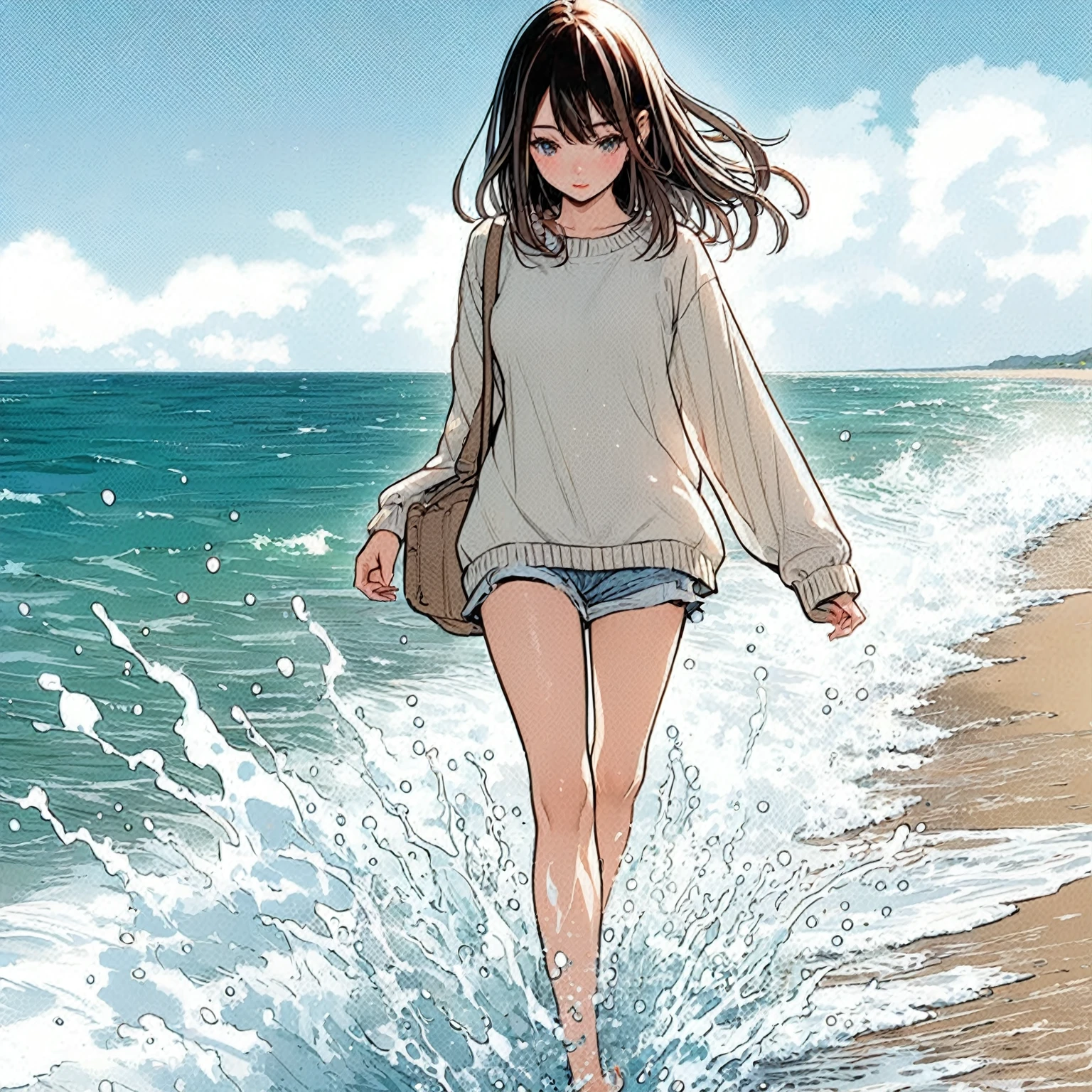 a girl walking on the beach with a backpack, a girl walking on water, in the style of makoto shinkai, makoto shinkai art style, makoto shinkai!!, style of makoto shinkai, makoto shinkai!, makoto shinkai style, makoto shinkai. digital rendering, makoto shinkai and artgerm 4K, extremely detailed eyes and face, beautiful detailed eyes, beautiful detailed lips, longeyelashes, extremely detailed, photorealistic, photo-realistic, HDR, UHD, studio lighting, ultra-fine painting, sharp focus, physically-based rendering, extreme detail description, professional, vivid colors, bokeh, portrait, landscape, cinematic lighting, detailed background, beautiful scenery, scenic ocean view, sunset, warm colors, soft lighting