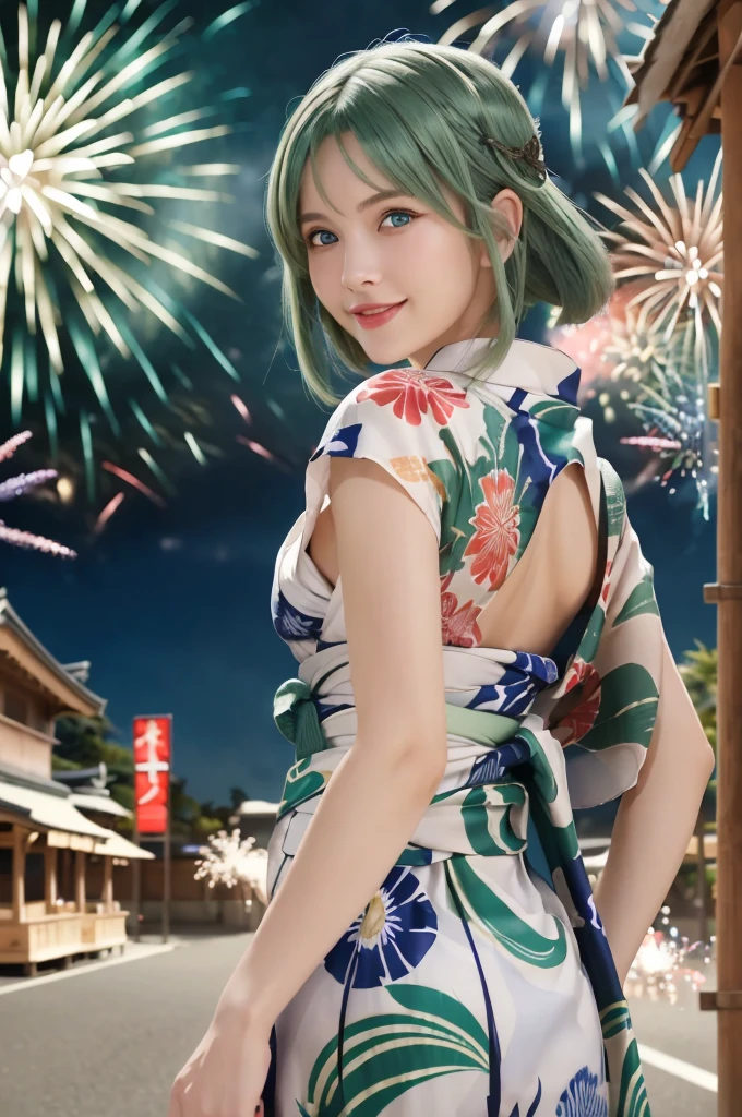 Tabletop、Realistic、Highest quality、Highest quality、masterpiece、Ultra-high resolution、RAW Photos、Realistic、Bright lighting、Face Light、Smooth Professional Lighting、Highest quality、masterpiece、Ultra-high resolution、(Photorealistic:1.4)、RAW Photos、Detailed CG image quality, (Fireworks display:1.4)、Beautiful poop、One Girl、Japanese、Age 25、(blue eyes:1.2)、Pink lipstick、Laughter、(Green Hair:1.4)、White skin, (Short length yukata:1.4)、Cleavage、Detailed portrait、8K quality、Concept Art、A dramatic, cinematic atmosphere、Sharp focus、Blurred foreground、Blurred Background:1.3、(look back:1.4)、soft smile, (A young woman in a yukata walking along a road with many food stalls)
