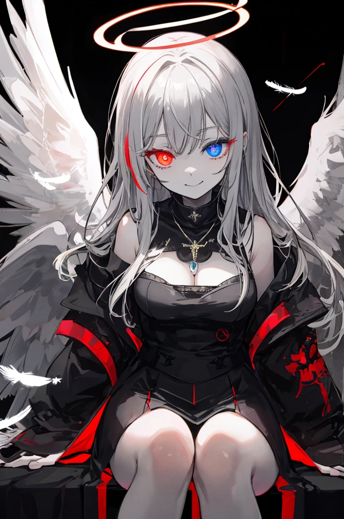 1girl in, (Scary), Holy Angel, Gorgios, on the lap, (red halo), Dark, Glowing eyes, Heterochromia eye, Angel wings, glowing pendant, holy, Sensual milf, black tunic, Feathers, which are full of confidence, Smile, Expressive eyes, collofull eyes, Contrasty, shadowy, masutepiece, Digital Art, Glowing eyes, Intimidating, corrupted, Demonic