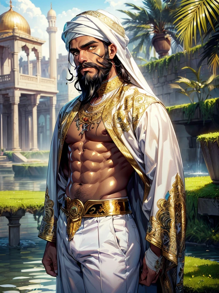 (man:1.5),1 man,male, muscle, 1boy, Mature man,45 year,1 man,macho man,((black hair)),(((A Somali with dark skin and a beard, his beard is black, he is Muslim))), (((gold_eyes:1.3))),intricate eyes,beautiful detailed eyes,symmetrical eyes,perfect face,
(male muslim),
(((lustrous skin:1.5,tanned skin,skin tanned,shiny skin,very shiny skin,shiny body))),distracted
He wears a white robe and a white turban,arabic pants,((bulge in pants)),turban, arabic clothes,(((intricate outfit,embroidered outfit,ornate outfit,intricate clothes,embroidered clothes,ornate clothes))),
dynamic pose,looking at viewer,smug,(masculine attitude),centered,scale to fit dimensions,Rule of thirds,
outdoors,(Arab palace,Arab palace background,pyramids in the background),scenery,(oasis,oasis background),extremely scenery,(puddles everywhere,moss,moss on the background),clouds,Arab style,Arab castle,lily pads,palms,reeds,(sunset, golden hour),
(Glossy Arab ornaments),highres,sharp focus,(ultra detailed,extremely detailed),(photorealistic artwork:1.37),(extremely detailed CG unity 8k wallpaper),(((vibrant colors,vibrant theme))),(intricate),(masterpiece),(best quality),artistic photography,(photography taken by sldr),(intricate background),perfect rendered face,perfect face details,realistic face,photo realistic,((intricate detail)),(((realism))),
sultry look, seductive,