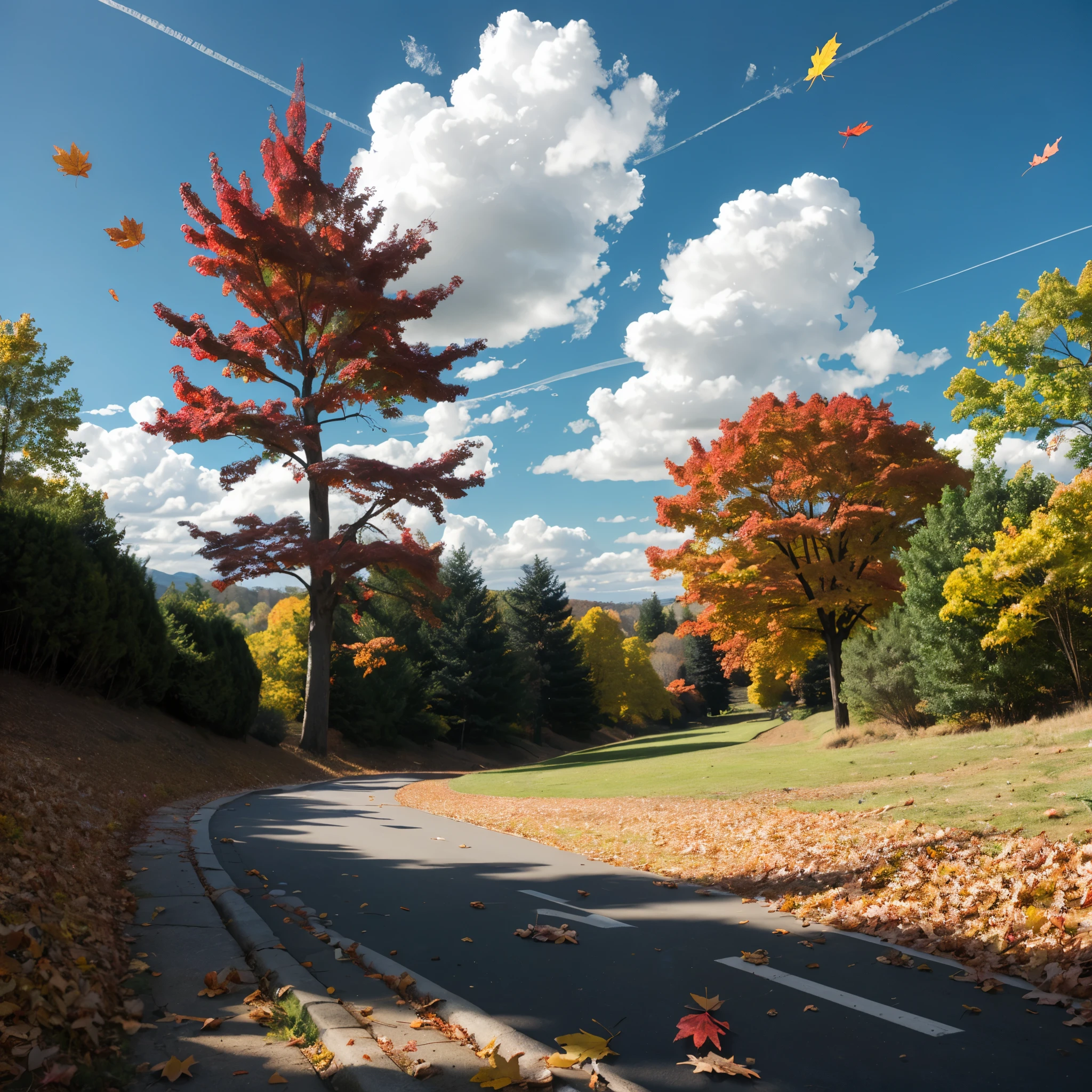 red maple tree, fallen leaves, hills, clouds,