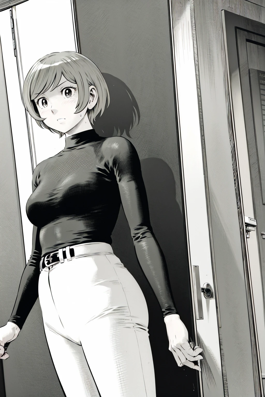 、(masterpiece、Highest quality)、Highest quality, Ultra-high resolution, (((masterpiece))), alone, Sweat、Big eyes,Tight black shirt、Tight white pants、belt、indoor、Composition from the front、(Cut the back hair short、short hair、blonde、woman)、Shortcuts、Embarrassed face、Cut your hair short、可愛いwomanの子、Big Breasts、office