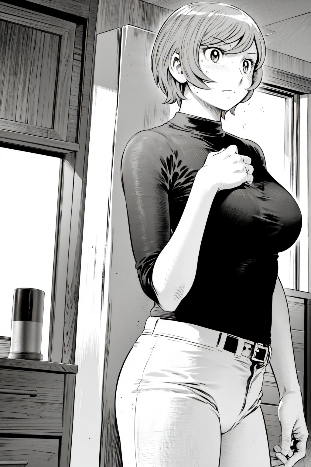 、(masterpiece、Highest quality)、Highest quality, Ultra-high resolution, (((masterpiece))), alone, Sweat、Big eyes,Tight black shirt、Tight white pants、belt、indoor、Composition from the front、(Cut the back hair short、short hair、blonde、woman)、Shortcuts、Embarrassed face、Cut your hair short、可愛いwomanの子、Big Breasts、office
