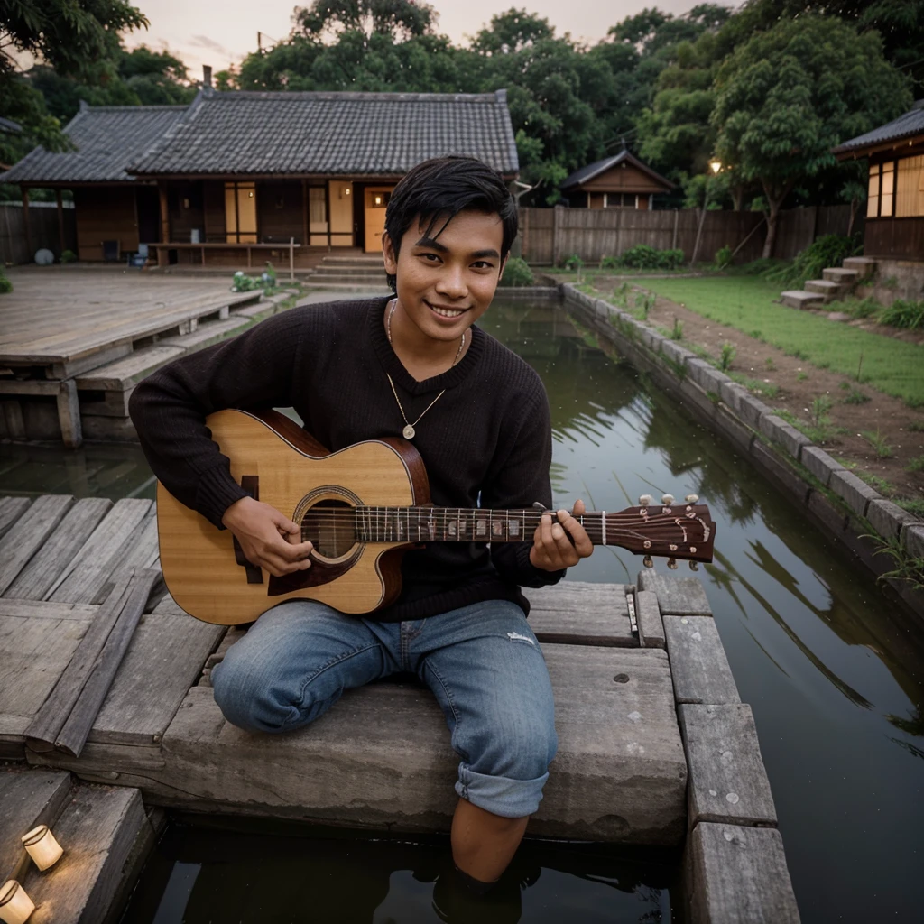 a young Indonesian man, clean face, Dark brown sweater with Orshida written on it, was sitting playing the guitar in front of a sturdy wooden house with a tiled roof, smiling face, path leading to the rocky house, there is an Anto Orshida nameplate decorated with lights, On the side there are rice fields adjacent to each other with a small river flowing, night atmosphere, bright sky, real photo