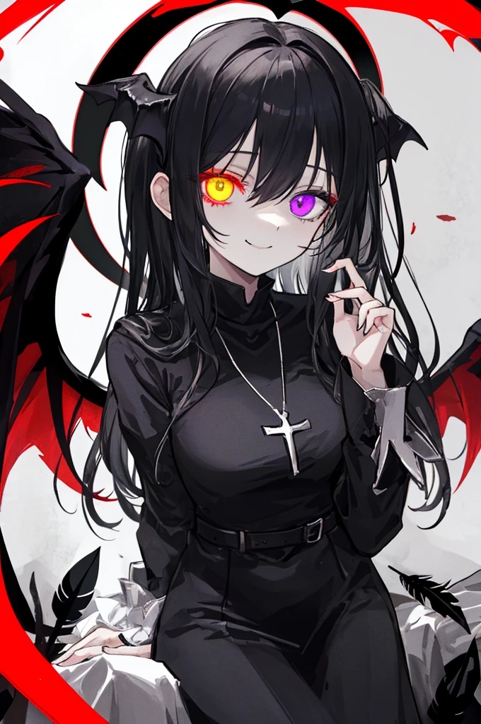 1girl in, (Scary), Holy Angel, Gorgios, on the lap, (red halo), Dark, Glowing eyes, Heterochromia eye, Angel wings, glowing pendant, holy, Sensual milf, black tunic, Feathers, which are full of confidence, Smile, Expressive eyes, collofull eyes, Contrasty, shadowy, masutepiece, Digital Art, Glowing eyes, Intimidating, corrupted, Demonic