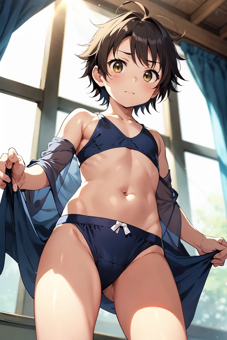 masterpiece highest quality high resolution　Depth of written boundary　juvenile　cute　Shota　short hair　Upper body naked　A see-through dancer-like costume　stomach　Hip bone　Soft lighting　Crossdresser　sexy　Shyness　soft　sunlight　Sexy　between legs　Looking up from below　きらきらしたsunlight　 Swim Briefs　Fantasy