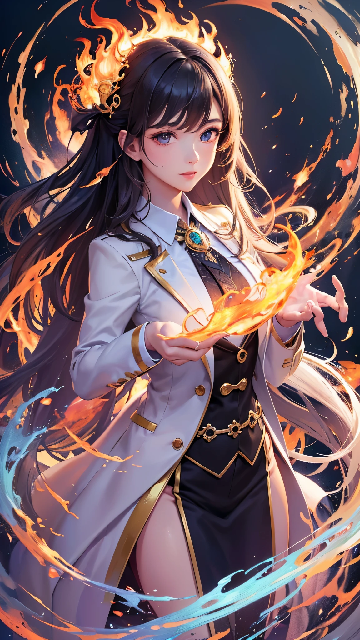 ((Highest quality)),(Ultra-high resolution),(Super detailed),(Detailed Description),((The best CG)),(masterpiece),Highly detailed art,(Art with precise detail:1.5), (A woman wearing a neatly tailored suit:1.6),(Handsome face:1.3),Confident expression:1.3,(Enamel pumps:1.4), (Stand on the magic circle of fire:1.5),(Rising flames:1.6)